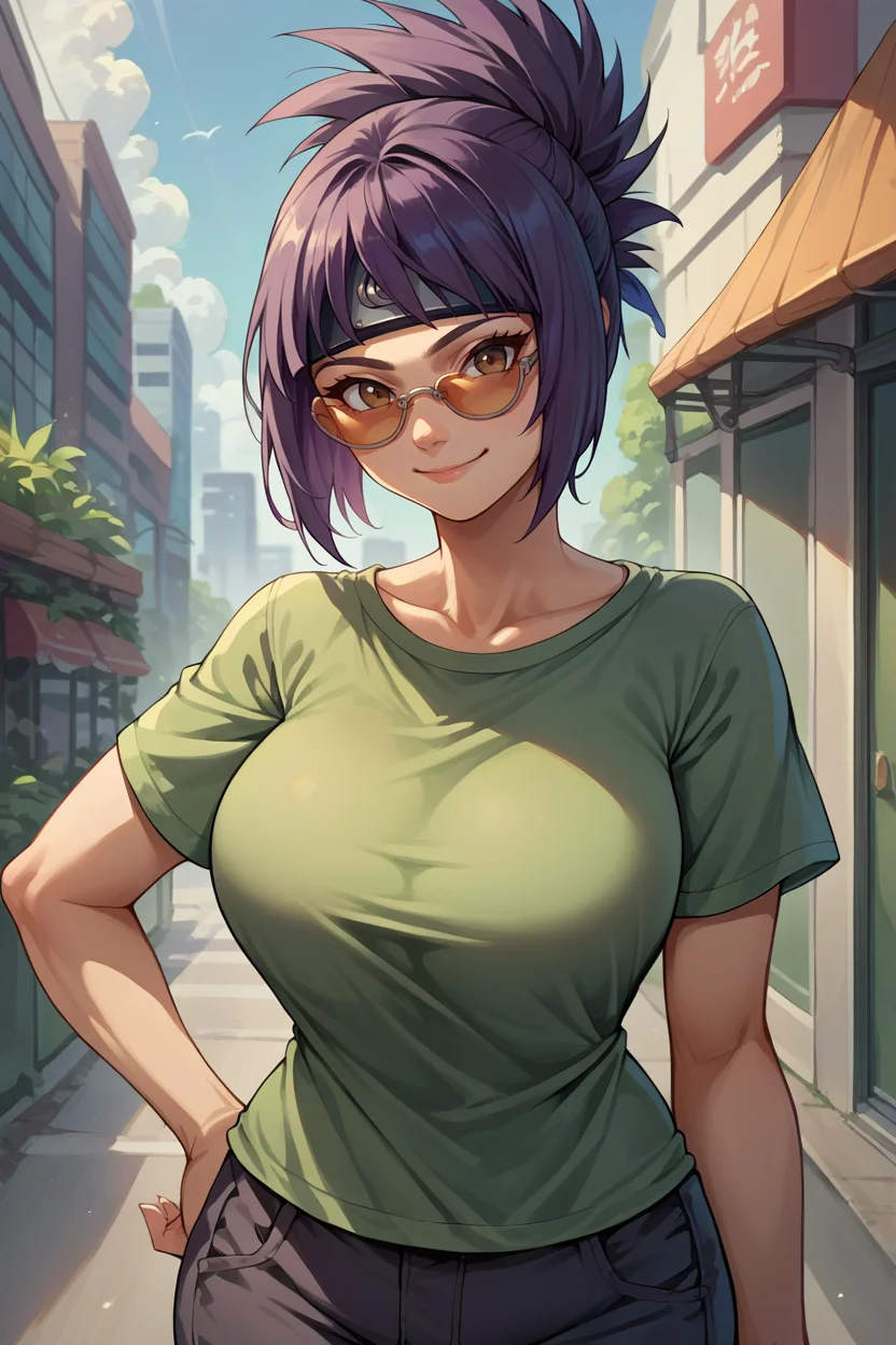 score_9, score_8_up, score_7_up, score_6_up, source_anime, 1girl, solo, <lora:anko-pdxl-nvwls-v1-000006:1> mitanko, folded ponytail, black hair, purple hair, brown eyes, forehead protector, green t-shirt, big breasts, black pants, looking at you, sunglasses, smile, city