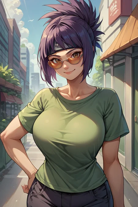 score_9, score_8_up, score_7_up, score_6_up, source_anime, 1girl, solo, <lora:anko-pdxl-nvwls-v1-000006:1> mitanko, folded ponytail, black hair, purple hair, brown eyes, forehead protector, green t-shirt, big breasts, black pants, looking at you, sunglasses, smile, city