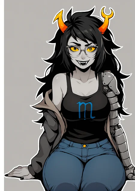 score_9, score_8_up, score_7_up, score_6_up, score_5_up, score_4_up, 2d, anime, anime artstyle, simple shadows, flat coloring, flat shadows, thick lines, white outline, expressive, high definition face, high definition eyes, yellow sclera, grey skin, thick thighs, wide hips, curvy, large breasts, <lora:Vriska_Serket_Homestuck_-_Variant_outfits_-_SDXL_Pony:0.85>, vriskaserket, vriskastart, 1girl, solo, long hair, smile, black hair, sitting, jacket, horns, glasses, teeth, pants, off shoulder, makeup, colored skin, fangs, tank top, denim, sharp teeth, colored sclera, jeans, mechanical arms, grey skin, cyborg, single mechanical arm, prosthesis, yellow sclera BREAK source_anime