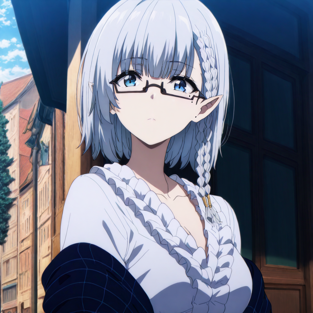 solo,upper_body,looking at viewer,masterpiece,high score,great score,absurdres,anime coloring,<lora:BetaV3 ag4o:1> betakage, pointy ears, grey hair, short hair, blue eyes, mole under eye, side braid,frilled shirt,under-rim eyewear,shawl,side braid,outdoors,