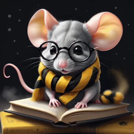a cute small mouse with ginger fur. Adorable. Hufflepuff scarf, black and yellow stripes, Glasses. reading a book. <lora:ChalkDustStyleSDXL:0.75> chalk dust