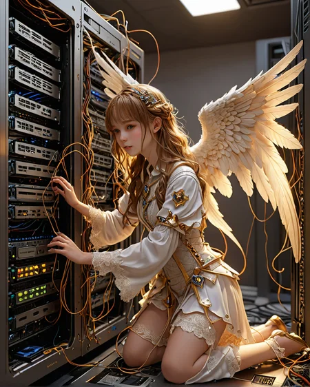 (text: "Hang tight! We're fixing some stuff!") , Angelic infested computer servers, <lora:detailed_notrigger:1>, illustrious quality, radiant, enchanted, fine polished, sublime, highly enhanced, badge, warm light, ambient