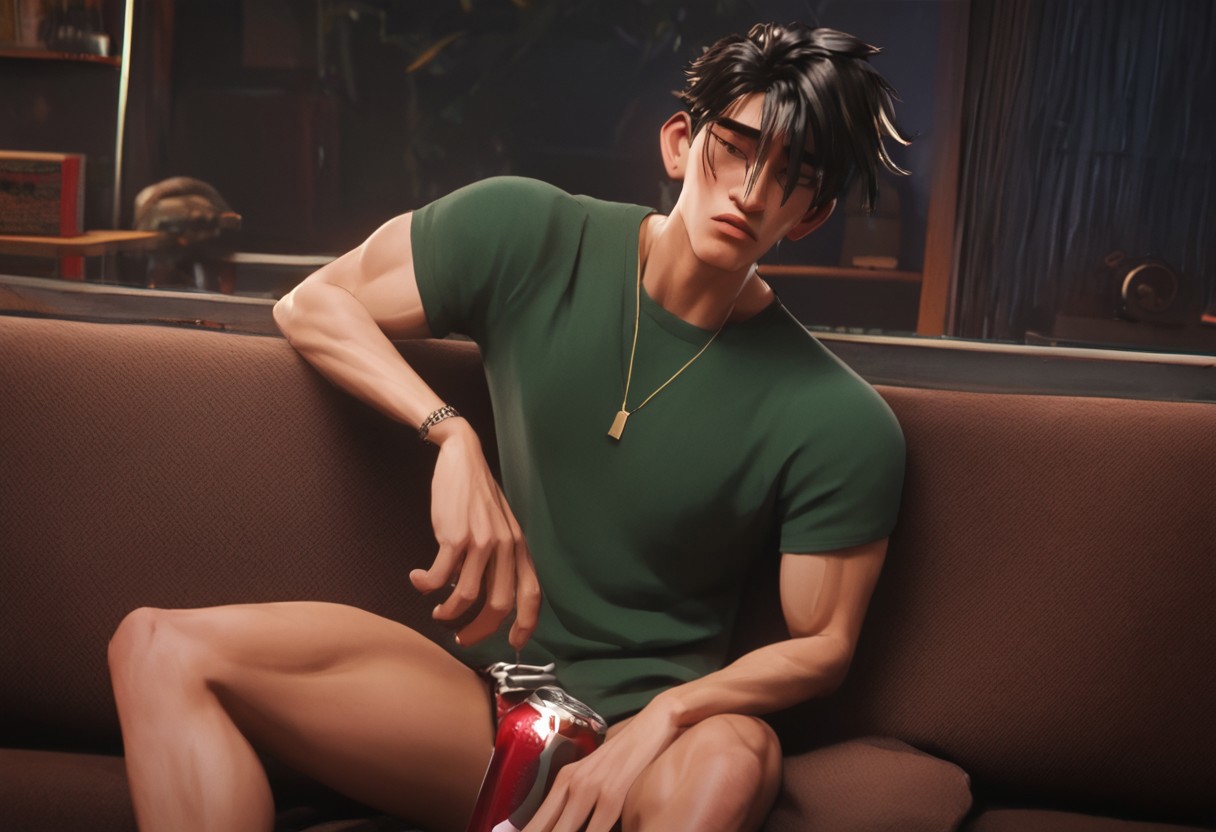 1boy, solo, male focus, toned male, black hair, messy hair, spiky hair, messy hair, satisfaction, satisfied, neutral, 
sitting in a sofa, dark green tshirt, black short, dark room, unlit room, yellow light, dark theme, tired, resting, relaxed, laid on his back, soda can, refreshing, view from bottom
rating PG, score_9,score_8_up,score_7_up, source_anime, male focus, Muscular,
big thigh, big thigh, big chest, hung, manly, tall, detailed eyebrow, sharp eyebrows, focus on thigh, hairy thigh, thigh focus, random view