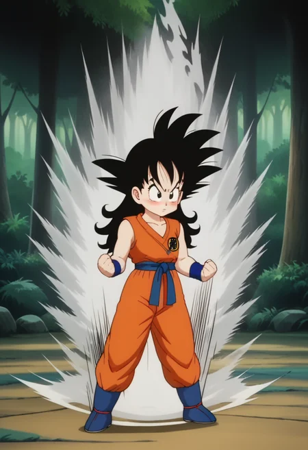 score_9, score_8_up, score_7_up , , source_anime, intricate details, masterpiece, high quality, prefect hands, best quality,, 1girl, solo , anime screencap,
,Martial Arts , forest,
, GGoku , black hair, black eyes, big eyeballs , spiked hair , long hair , eyelash , lips , cute , blush , small breast , chibi , <lora:GGoku-000003:0.7>,
orange dougi, blue sash, blue wristband, sleeveless , orange pants, orange topwear, <lora:DBKiCharge_XLPD:1> , white aura, fighting stance, clenched hands, full body