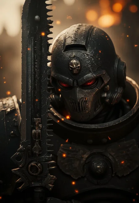 A dramatic close-up of a Space Marine from the Warhammer universe, his towering figure partially shrouded in dense, swirling black and brown smoke. He holds a chainsword menacingly close to his face, its brutal, serrated teeth vibrating with a low, menacing hum. The weapon’s jagged edges glint faintly in the dim, flickering light of a distant explosion, emphasizing its raw, destructive power.
The Marine's battle-worn helmet is overshadowed by the blade, its desolate, scarred surface marred by cracks and scorch marks from countless battles. A faint red glow emanates from his one remaining functional eye lens, piercing through the smoke like an unyielding beacon of war. The other lens is shattered, exposing a hint of his face—scarred, grim, and covered in soot, a testament to his endless struggle.
The purity seals on his armor are torn and stained, fluttering weakly in the choking air. Sparks and embers dance around him, illuminating the intricate yet battered details of his ornate power armor. The scene is steeped in tension and dread, as the surr of the chainsword resonates ominously, foreshadowing violence. Behind him, the faint light of distant artillery fire flickers through the haze, casting sporadic flashes across his imposing silhouette. The atmosphere is one of grim determination and merciless resolve, embodying the unforgiving brutality of the 41st millennium.