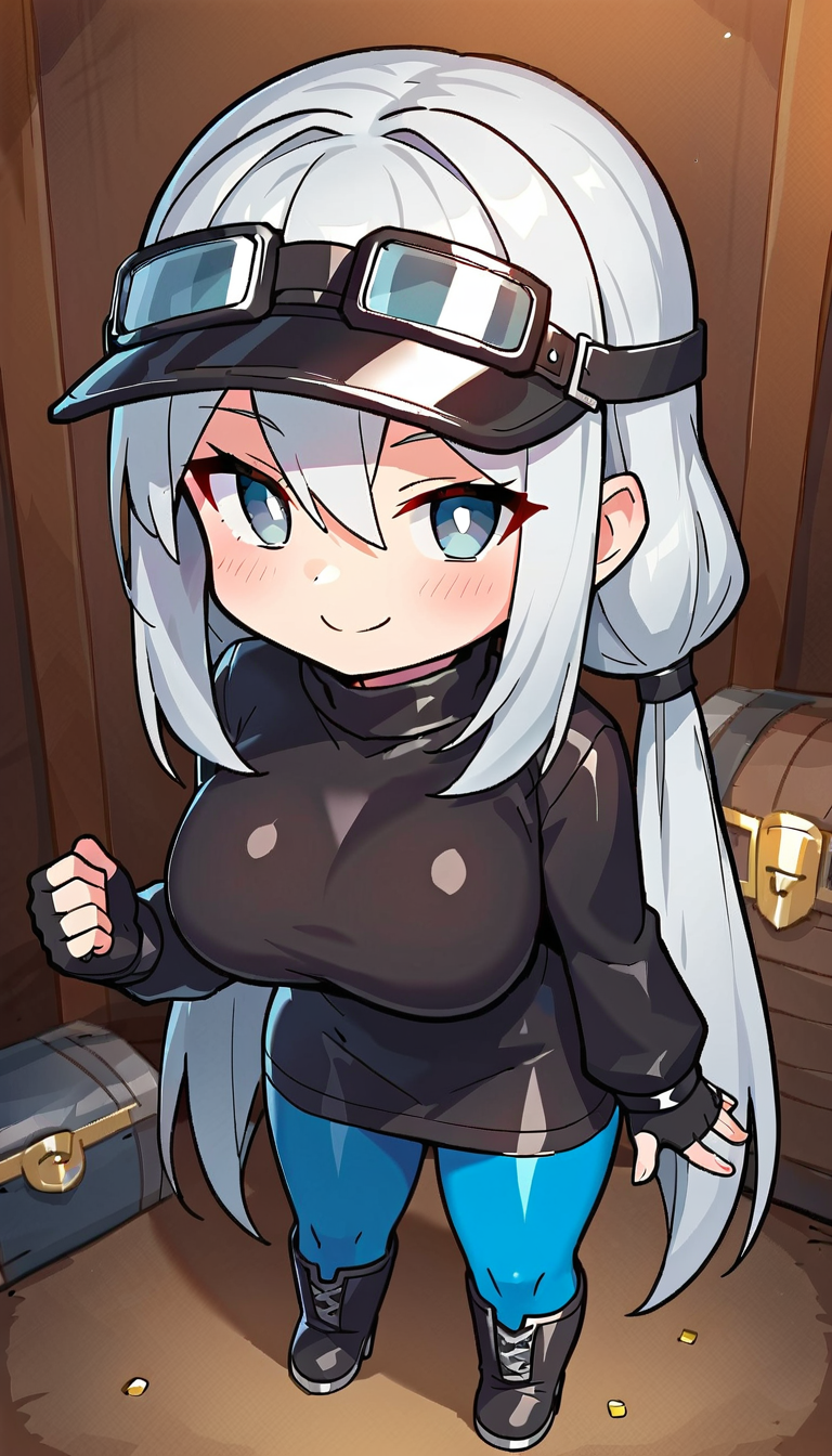 score_9,score_8_up,score_7_up,score_6_up BREAK official art,solo,outdoors,upper body,looking at viewer,facing viewer,smile,blush,(chibi:1.3),Treasure Girl,black visor cap,goggles on headwear,black goggles,long hair,grey hair,low twintails,sidelocks,hair between eyes,bangs,grey eyes,bright pupils,white pupils,turtleneck,black dress,short dress,hood down,long sleeves,fingerless gloves,black gloves,large breasts,blue pantyhose,boots,black footwear,<lora:Treasure Girl-Pony:1.1>,