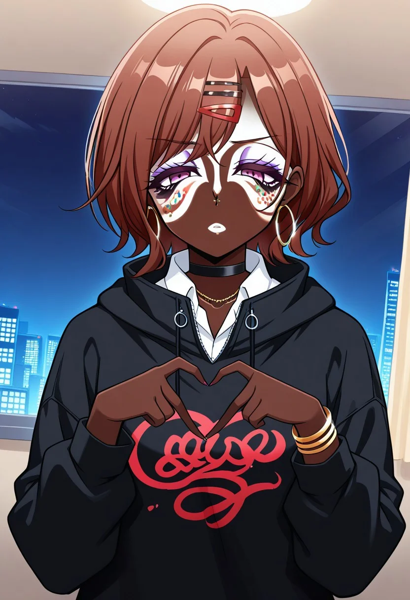 Score_9,score_8_up,score_7_up,score_6_up,source_anime,masterpiece, best quality, 4k, absurdres, 8k,detail,1girl,solo,neon glow,hoop earrings,dark-skinned female,ggr,(jet-black skin:1.2) BREAK
(yamanba, white facepaint makeup:1.3),face stickers,star stickers, heart stickers, eyeshadow, very dark skin, (glitter, long thick eyelashes),(green makeup),  BREAK
higuchi madoka, short hair, brown hair, purple eyes, hairpin, BREAK 
white shirt, collared shirt, hood, sweater, open black hoodie, collared shirt, gold bracelets, necklaces,choker,accessories, hair ornament,
4-finger heart hands,
(indoors:1.1),(night:1.2),room, (upper body), Dutch Angle Shot, (dynamic pose:1.2), face focus, eyes focus, BREAK 
Expressiveh,half-closed eyes, horny face, irritable, frowning,BREAK OverallDetail,Frontlight,