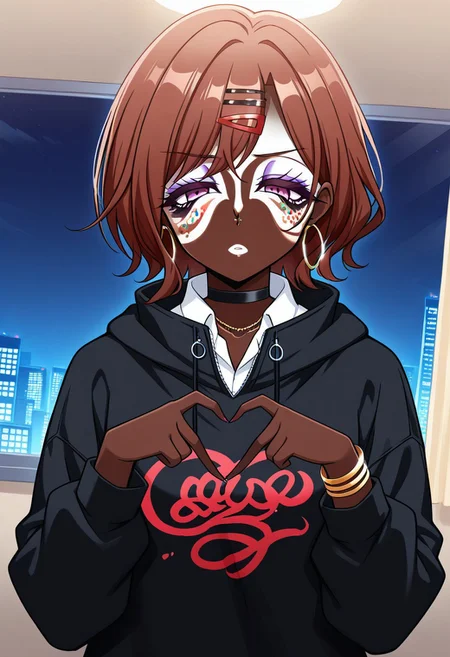 Score_9,score_8_up,score_7_up,score_6_up,source_anime,masterpiece, best quality, 4k, absurdres, 8k,detail,1girl,solo,neon glow,hoop earrings,dark-skinned female,ggr,(jet-black skin:1.2) BREAK
(yamanba, white facepaint makeup:1.3),face stickers,star stickers, heart stickers, eyeshadow, very dark skin, (glitter, long thick eyelashes),(green makeup),  BREAK
higuchi madoka, short hair, brown hair, purple eyes, hairpin, BREAK 
white shirt, collared shirt, hood, sweater, open black hoodie, collared shirt, gold bracelets, necklaces,choker,accessories, hair ornament,
4-finger heart hands,
(indoors:1.1),(night:1.2),room, (upper body), Dutch Angle Shot, (dynamic pose:1.2), face focus, eyes focus, BREAK 
Expressiveh,half-closed eyes, horny face, irritable, frowning,BREAK OverallDetail,Frontlight,