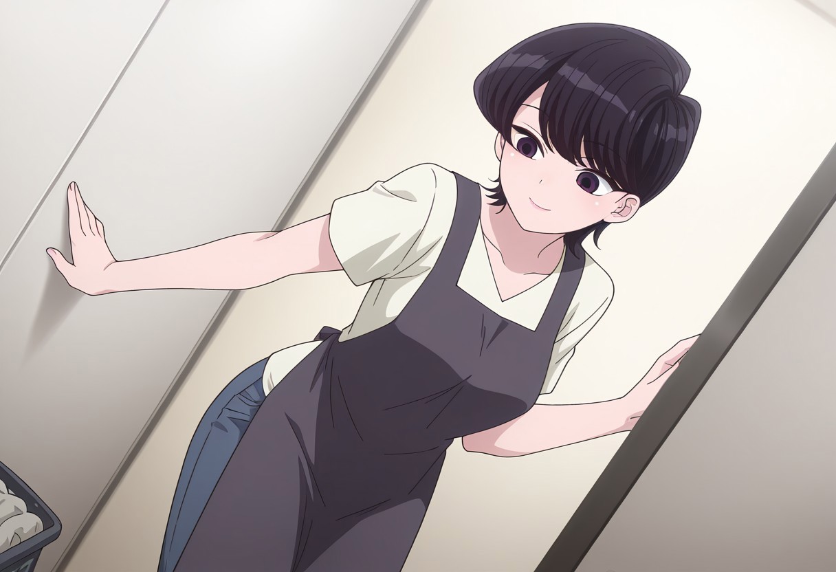 Rating 9, Rating 8, Rating 7, Rating 6, Rating 5, Rating 4, Masterpiece, Superior Quality, Amazing Quality, Masterpiece, Highest Quality, Ultra-detailed, Dynamic Angle, Dynamic Composition, Alone, white frame, maximum contrast, saturated color, bright colors, dynamic lighting,
1 girl, medium shot,vibrant colors, high contrast,
komishuukocnn, 1girl,black hair, short hair, bangs, purple eyes,mature female,
shirt, jeans, short sleeves,
wearing a dark gray apron, inside a laundry room, pile of dirty clothes in the background, she is standing, finger raised, cheerful, face of having an idea,