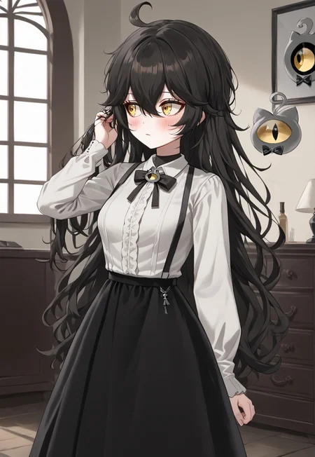 1girl, solo, highres, GrimmiVT, long hair, black hair, yellow eyes, hair between eyes, bangs, ahoge,
long sleeves, white shirt, black skirt, suspender skirt, black bow, frills, collared shirt, long skirt,
((looking away, blush, adjusting hair,))
indoor, goth fashion,