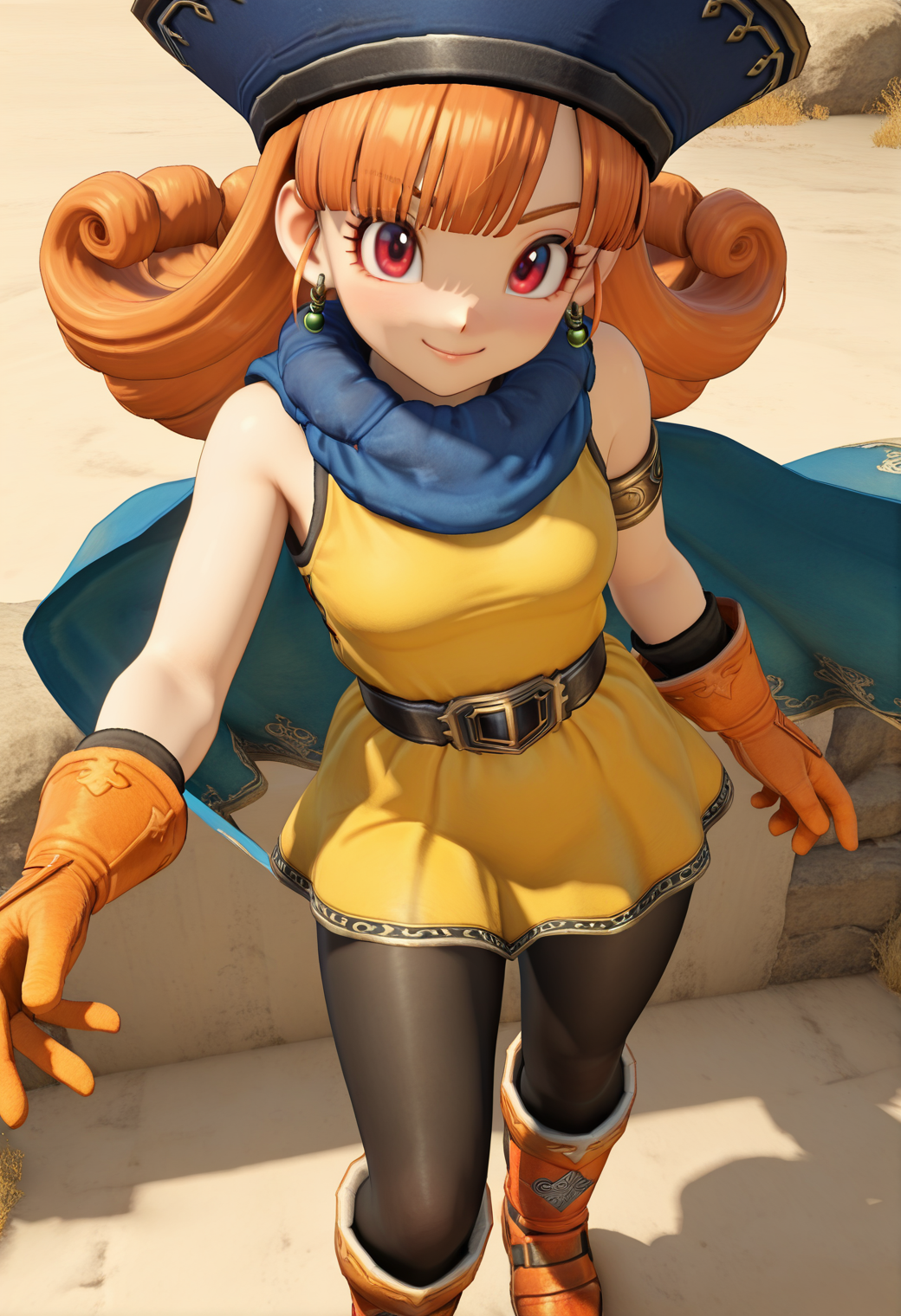 masterpiece, best quality, very aesthetic, absurdres, 1girl, solo,
<lora:dqh2_alena_v01:0.75>, dqh2_alena, orange hair, long hair, curly hair, red eyes,
hat, earrings, blue cape, yellow dress, sleeveless, single armlet, orange gloves, belt, black pantyhose, orange boots, smile, posing