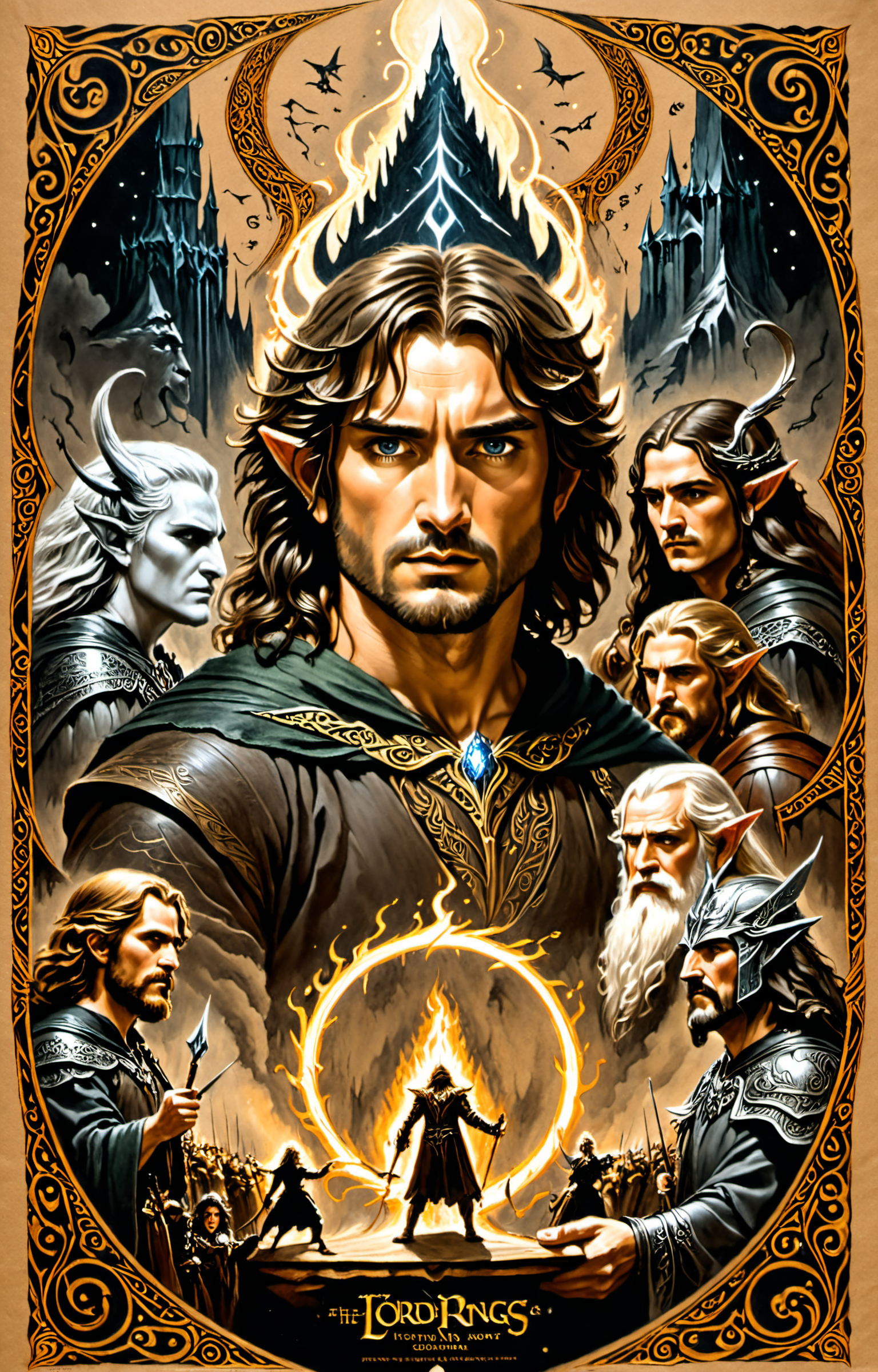 Black and brown drawing Lord of the Rings,Fellowship of the Ring,epic scene,on kraft paper,realistic depiction,historical depiction,Asgrimur Jonsson,Carl Kopinski,fantasy,high detail,Vlop and Krenz Cushart,ornate detailing,Jean-Sebastian Rossbach,James Jean,<lora:xl_more_art-full_v1:0.3>,