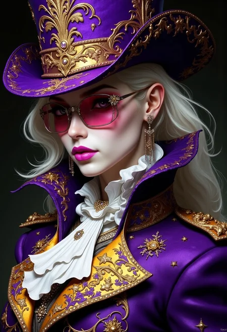 A highly detailed, fantasy-inspired portrait of a regal, androgynous character in flamboyant aristocratic attire. The subject has pale, porcelain skin and platinum-blonde hair swept to the side, tied back. They wear narrow, rectangular rose-tinted glasses and shimmering magenta eyeshadow. Their lips are glossy fuchsia with a silver lip piercing. The character exudes confidence and mystery. Adorned in a deep purple and gold coat with intricate embroidery and metallic studs, the outfit features a dramatic, high-standing collar lined in gold filigree. A layered, white pleated cravat rests beneath the coat. Atop their head is a tall purple top hat with a gold band and ornamental flourishes. The character's head is tilted slightly toward the viewer in a three-quarter view. The lighting is soft, focused on the face and attire. The background is dim and neutral, allowing the costume and expression to stand out. Emphasis on rich textures, sharp tailoring, and vivid contrast between the gold trim and deep purple fabric.