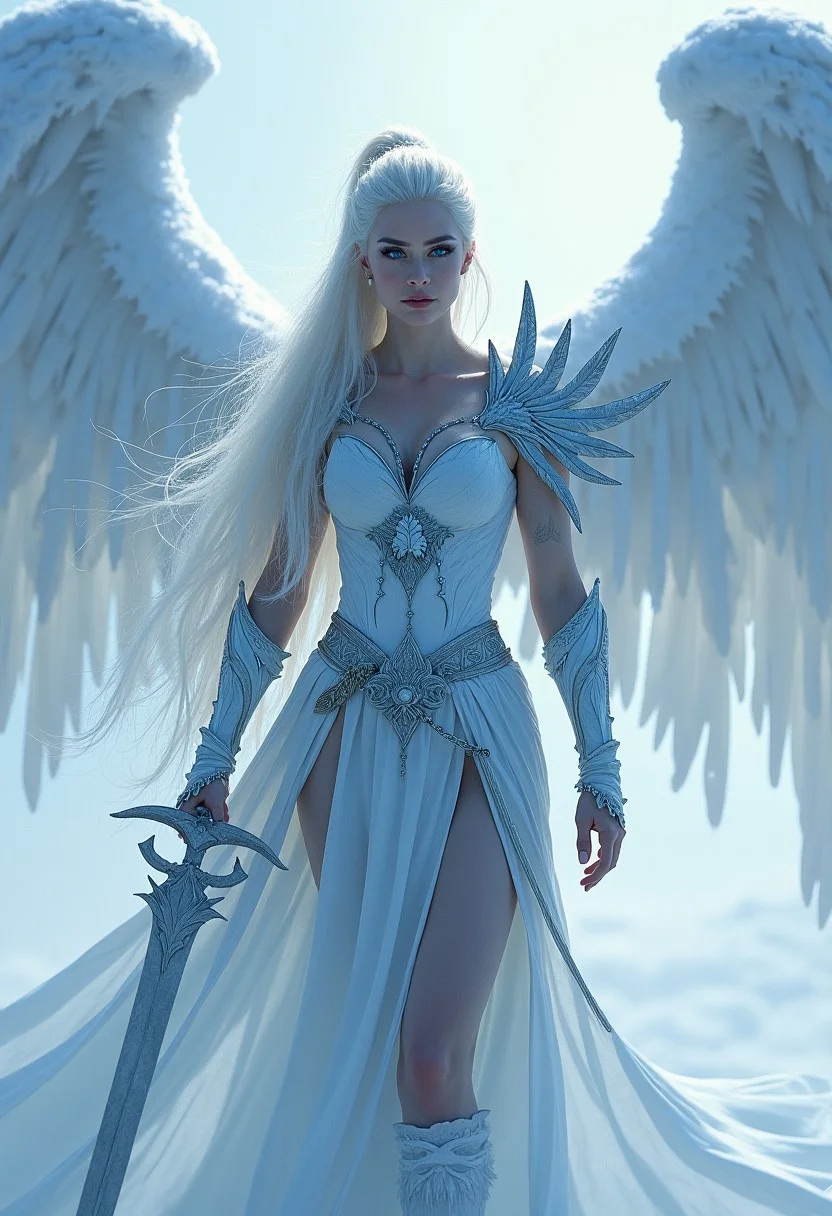 white snow as A beautiful Valkyrie with long white hair and icy wings, wearing intricate ice armor, holding a freezing longsword,
full body shot, 1girl, white snow, long hair, ponytail, blue eye's, scar over left eye, white hair, holding freezing sword, ice armor, winged circlet, long loincloth, floating above ground, ice wings, ice wings, snow, aura,
score_9, score_8_up, score_7_up, score_6_up, highres, beautiful face, perfect eyes, masterpiece, best quality, highres, realistic, cinematic shot