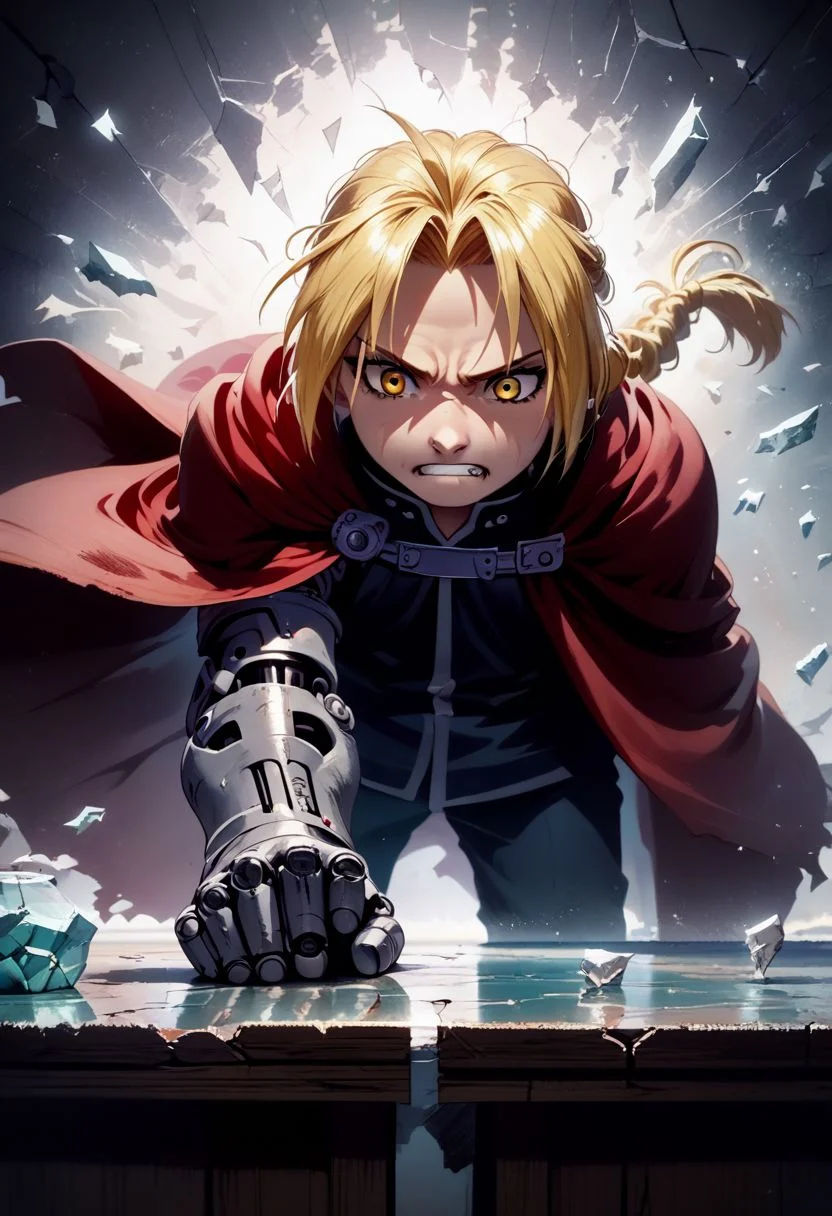 score_9, score_8, score_7, score_6,rating_safe, source_anime,edward_elric, blonde hair, yellow eyes, braid, single braid, braided ponytail, ((red cape)),(single mechanical arm),grit teeth,leaning forward,one hand on Sand table,(glass pieces,glass fragments ,glass fragment),speed line,motion blur,emphasis lines,(ashes,powder:1.2),(perspective,front view,wide angle:1.2),(intricate_details_xl:1.5),(narrow room),IncrsXLBrknGls,(broken glass, reflection,light particles:1.5),gold chains,concept art, digital art, realistic,Sand table,