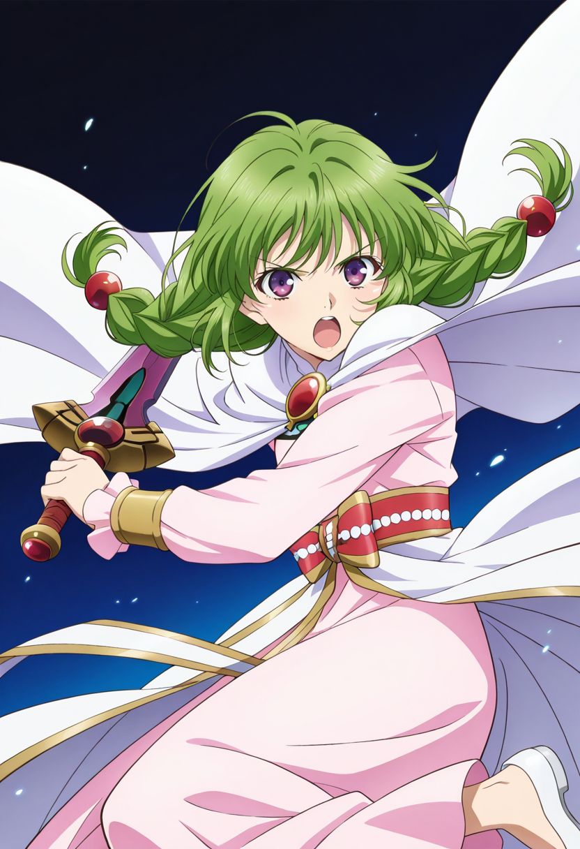 detailed eyes, beautiful, detailed background, perfect eyes,
source_anime, very aesthetic, anime coloring, masterpiece, official art,
<lora:HandFineTuning_XL:1>
BREAK,
dark blue background, dynamic effects, swinging effects, gradient background,
action pose, dynamic pose, fighting stance, serious, open mouth,  dynamic angle, cowboy shot,
holding sword, clemente, sword with purple blade,
BREAK,
<lora:philia_illustrious_v02:0.95>
todphilia, twin braids, green hair, purple eyes, long hair, hair bobbles, shoulder hair, 
half wing brooch, light pink dress, long dress, long sleeves, white cape, white waist cape, jewelry, red waist ribbon, green pattern,
white footwear, flat shoes, no socks,