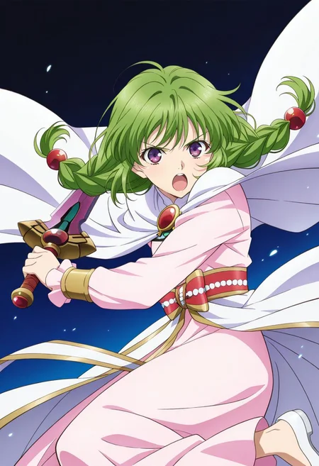 detailed eyes, beautiful, detailed background, perfect eyes,
source_anime, very aesthetic, anime coloring, masterpiece, official art,
<lora:HandFineTuning_XL:1>
BREAK,
dark blue background, dynamic effects, swinging effects, gradient background,
action pose, dynamic pose, fighting stance, serious, open mouth, dynamic angle, cowboy shot,
holding sword, clemente, sword with purple blade,
BREAK,
<lora:philia_illustrious_v02:0.95>
todphilia, twin braids, green hair, purple eyes, long hair, hair bobbles, shoulder hair,
half wing brooch, light pink dress, long dress, long sleeves, white cape, white waist cape, jewelry, red waist ribbon, green pattern,
white footwear, flat shoes, no socks,