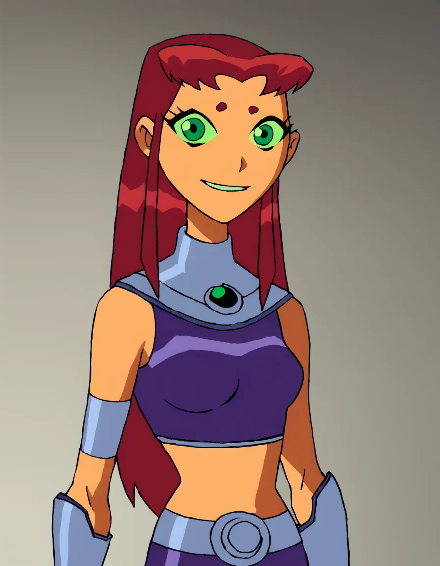 <lora:StarfireTTPony:1> starfirett, 1girl, red hair, solo, long hair, green eyes, orange skin, armlet, gorget, crop top, midriff, smile, purple skirt, green sclera, breasts, purple footwear, bracer,upper body, portrait, score_9, score_8_up, score_7_up, score_6_up, score_5_up, score_4_up, looking at viewer,
