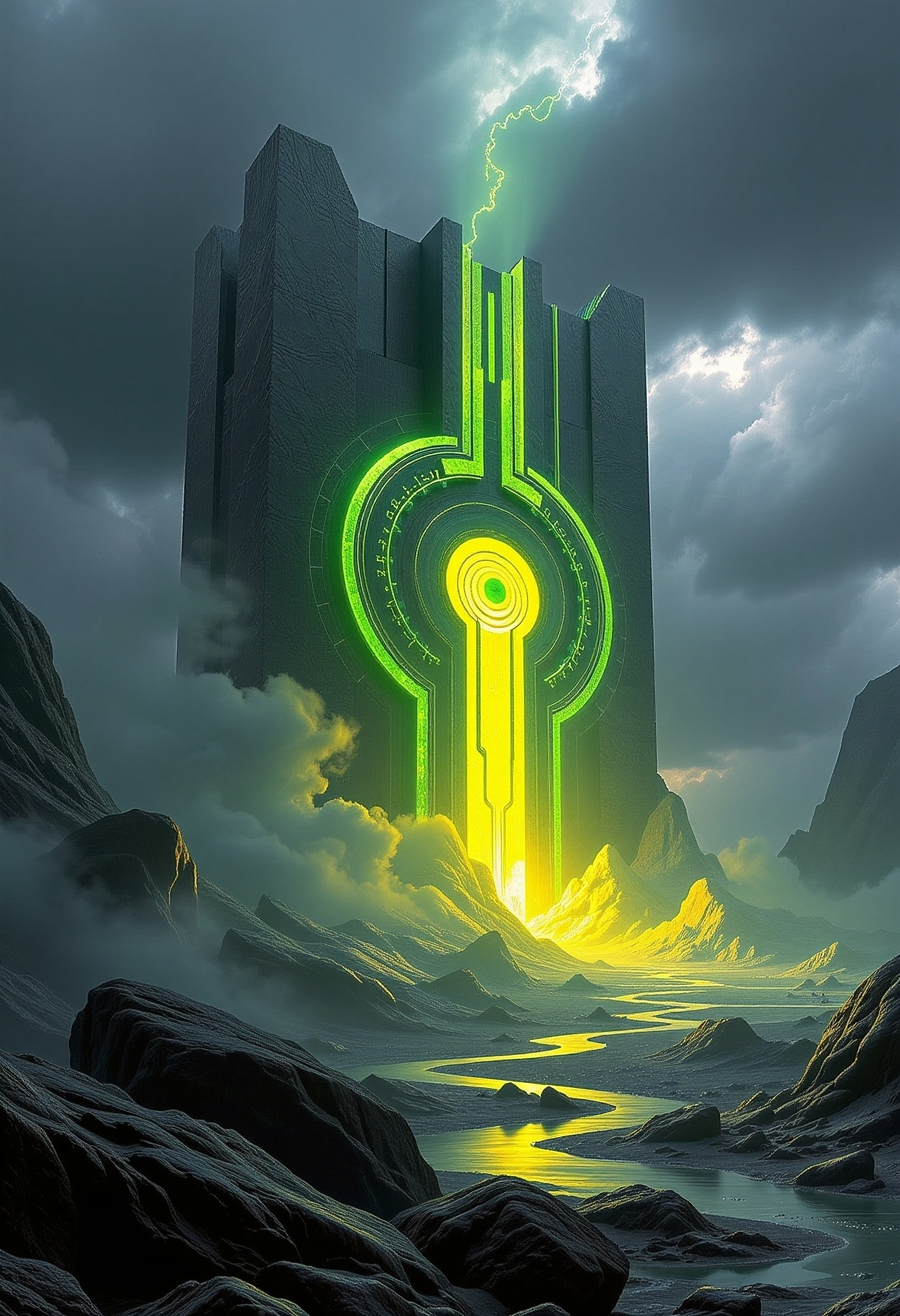 phthalo yellow green geothermal rune,   3D printing, Constructivist style, geometric shapes, bold colors, dynamic composition, propaganda art style,, Dark Moody Atmosphere, dramatic, mysterious, dark moody atmosphere,, Hard-edge Painting,, Establishing shot, angled-front view,  ,powerful artistic vision of . breathtaking masterpiece made by great artist. best quality, high resolution,<lora:flux\HGJstyle-FLUX-PAseer.safetensors:0.4:0.4>,dramatic angle,  masterpiece, 8k, hyper detailed, hgjstyle,