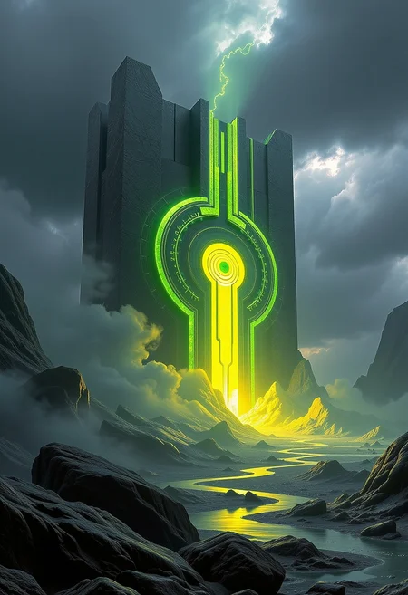 phthalo yellow green geothermal rune, 3D printing, Constructivist style, geometric shapes, bold colors, dynamic composition, propaganda art style,, Dark Moody Atmosphere, dramatic, mysterious, dark moody atmosphere,, Hard-edge Painting,, Establishing shot, angled-front view, ,powerful artistic vision of . breathtaking masterpiece made by great artist. best quality, high resolution,<lora:flux\HGJstyle-FLUX-PAseer.safetensors:0.4:0.4>,dramatic angle, masterpiece, 8k, hyper detailed, hgjstyle,