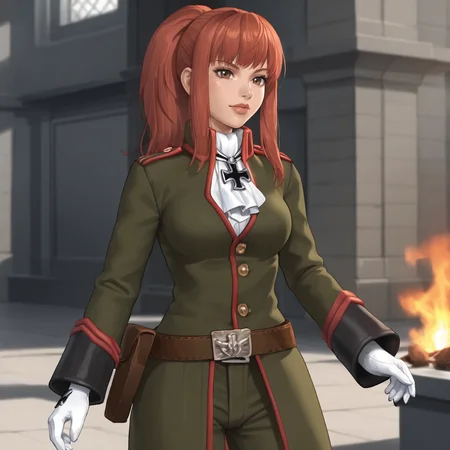 <lora:karinshadowheart_pony_v1:.8>KarinArmyShadowHeart, 1girl, white gloves, red hair, military uniform, belt, long hair, cowboy shot