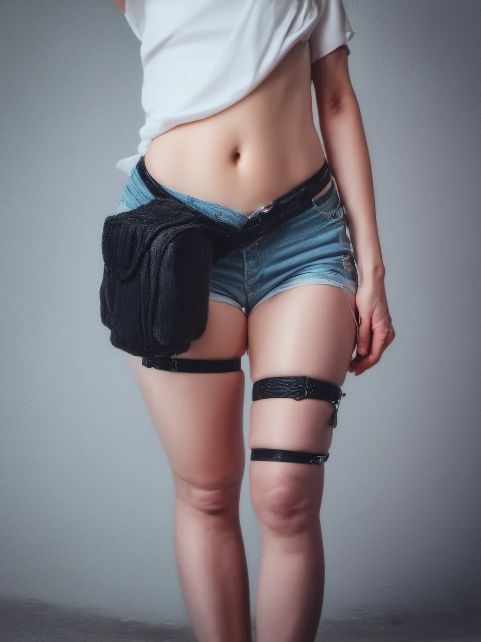 score_9, score_8_up, score_7_up, (photo), (realistic), close-up, fiber carbon leg bag, pernera, navel, thigh strap, shirt, <lora:Leg_Bag_Pony:1>