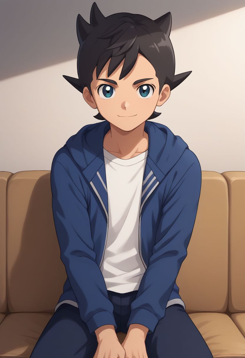 score_9, score_8_up, source_anime, highly detailed, 1boy, solo, male_focus
asuto, 1boy, male focus, solo, blue jacket, shirt, white shirt, closed mouth, black hair,
hoodie, open hoodie, indoors, bangs, looking at viewer, short hair, eyelashes, smile, v sign, sit,
indoor,