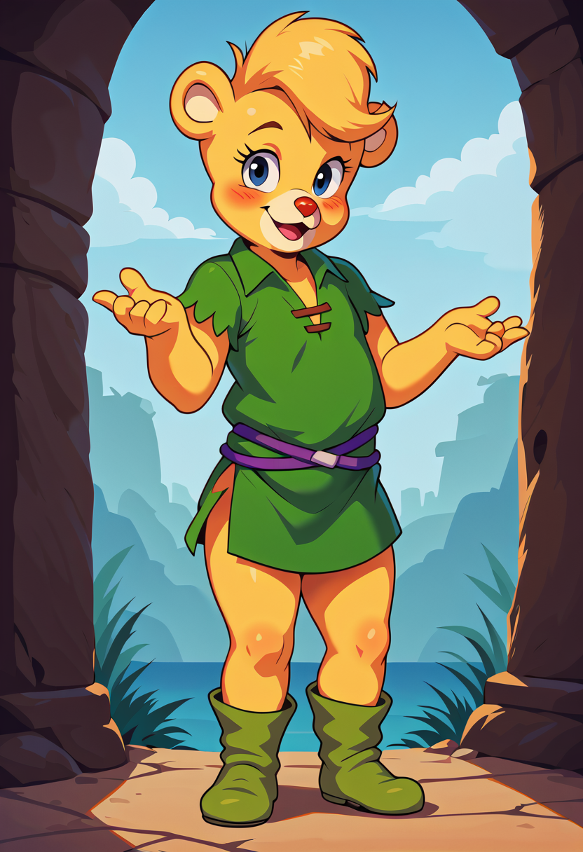 score_9, score_8_up, score_7_up, score_6_up, score_5_up, score_4_up,
1girl, Sunni, Gummi Bears, bear, dark blue eyes, yellow skin, yellow fur, red nose, 
4 fingers, 3 toes,  semi-anthro,
green shirt, boots,
detailed, beautiful, female, vector, flat colors,cute eyes, looking at viewer, 
blushing, happy, winking,
standing, 
close up
<lora:OtherStyle_05V1:0.7> <lora:Sunni_for_PonyXL:1>
