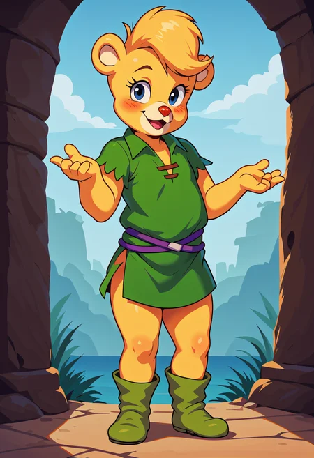 score_9, score_8_up, score_7_up, score_6_up, score_5_up, score_4_up,
1girl, Sunni, Gummi Bears, bear, dark blue eyes, yellow skin, yellow fur, red nose, 
4 fingers, 3 toes,  semi-anthro,
green shirt, boots,
detailed, beautiful, female, vector, flat colors,cute eyes, looking at viewer, 
blushing, happy, winking,
standing, 
close up
<lora:OtherStyle_05V1:0.7> <lora:Sunni_for_PonyXL:1>