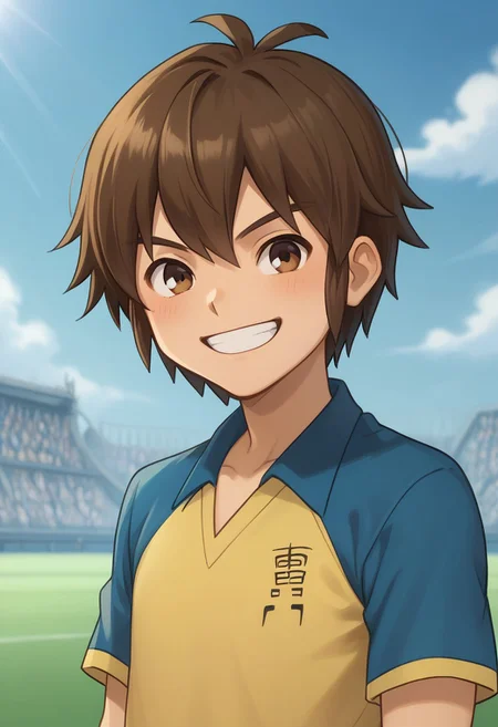 score_9, score_8_up, score_7_up, source_anime, highly detailed,
handa, 1boy, male focus, solo, brown hair, hair between eyes, brown eyes, sportwear, raimon, soccer uniform, raimon soccer uniform, shirt, raglan sleeves, blue shirt, yellow shirt, short sleeves, smile, grin,
outdoor,