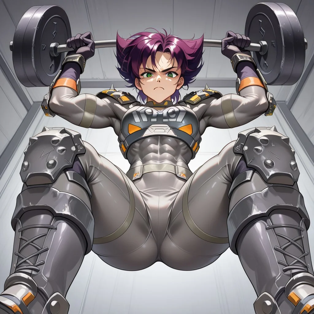 Konoko, 1 girl, short, messy, spiky purple hair, green eyes, athletic and muscular build Bodysuit, gray and white combat suit, metallic shoulder pads and protection, dark gloves, sturdy boots, orange details
Konoko with a serious face while lifting weights. POV view from below,