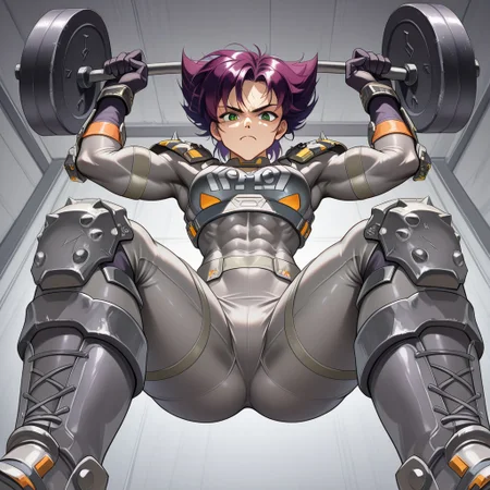Konoko, 1 girl, short, messy, spiky purple hair, green eyes, athletic and muscular build Bodysuit, gray and white combat suit, metallic shoulder pads and protection, dark gloves, sturdy boots, orange details
Konoko with a serious face while lifting weights. POV view from below,