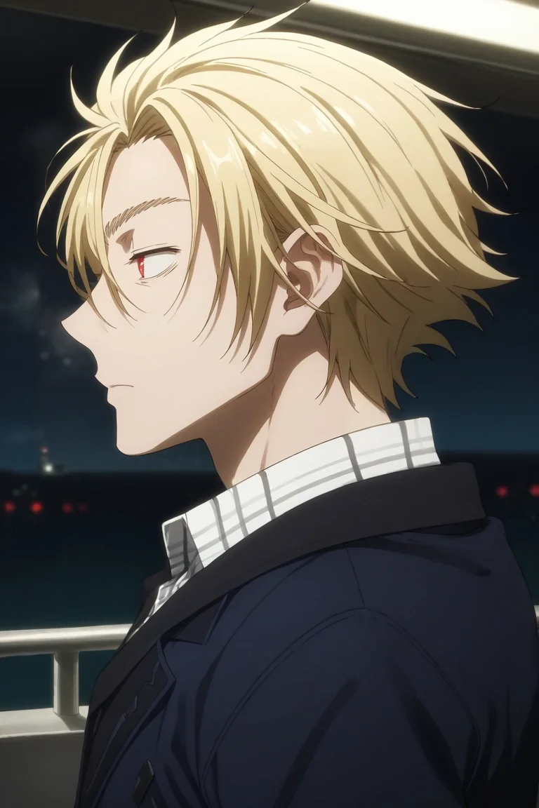 score_9, score_8_up, score_7_up, source_anime, rating_safe, intricate details, semi-realistic, , depth of field, 1boy, solo, male focus, <lora:king_of_despair_kekkai_sensen_pony:1>, king_of_despair_kekkai_sensen, blonde hair, red eyes, short hair, hair between eyes, profile, spaceship, dusk, stretching, shy, blush, , <lora:sdxl_lightning_8step_lora:1>