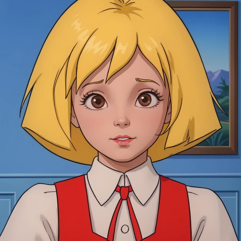 Alice through the looking glass 1987, Alice, White Shirt, Girl, Red vest, solo,, Blond Hair, Red Shoes, Blue Leggings, Brown Eyes, full body, <lora:Alice_Through_the_Looking_Glass_1987:1>
