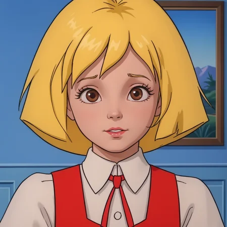 Alice through the looking glass 1987, Alice, White Shirt, Girl, Red vest, solo,, Blond Hair, Red Shoes, Blue Leggings, Brown Eyes, full body, <lora:Alice_Through_the_Looking_Glass_1987:1>