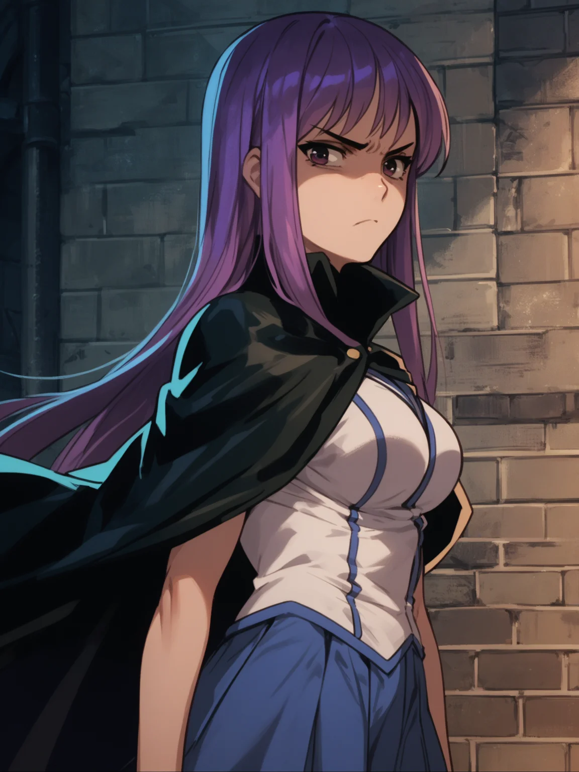 <lora:happy_tentacle-fujiko-v0.2-000030:1>, ht_fujiko, school uniform, black cape, blue skirt, black thighhighs , 1girl, solo, upper body , , ( disgust :1), , looking at viewer , standing , from side , score_9, score_8_up, score_7_up, score_6_up, score_5_up, score_4_up