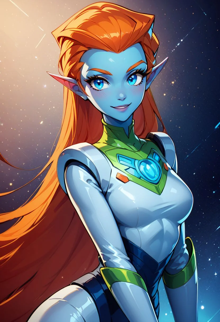 score_9, score_8_up, score_8, medium breasts, (curvy), cute, eyelashes,
rating safe,
BREAK,
zzMira, blue eyes, blue skin, orange hair, pointy ears, white spacesuit,
BREAK,
smile, looking at viewer,
abstract space background,
zPDXL, Expressiveh