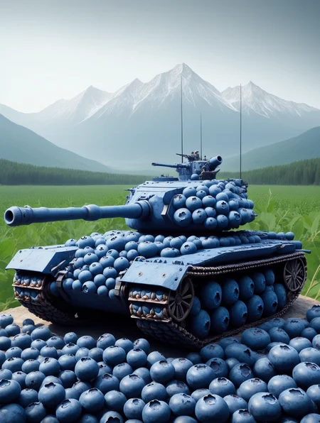 horror tank made of blueberrym0rph, on the battlefield, blueberrym0rph mountains in the background <lora:Blueberry_World_Morph:1>