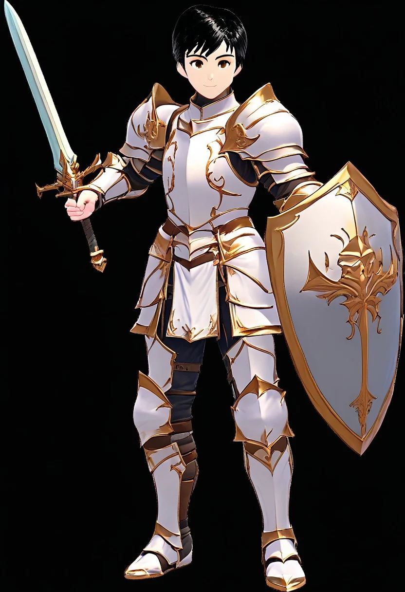 harmard, black hair, short hair, brown eyes, 1boy, solo, solo focus, teen, equip heavy knight armor, metalic blue armor theme, (right hand holding a sword:1.20), standing pose, solo, full body, happy expression, sword and shield