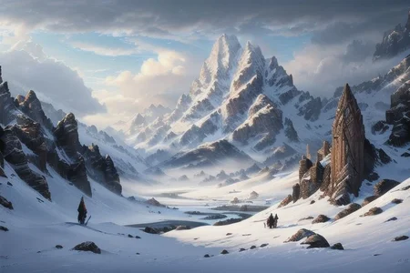RAW photo, (masterpiece:1.3), subsurface scattering, heavy shadow, (high quality:1.4), (intricate, high detail:1.2), professional photography, HDR, High Dynamic Range, realistic, ultra realistic, photorealistic, high resolution, film photography, ambient lighting, atmospheric effects, <lora:detail_slider_v4:2>, OverallDetail, epic medieval fantasy, cloud, fanmou, fantasy, no humans, outdoors, sky, winter, <lora:Fantasy_Mountains:1>, epiCPhoto