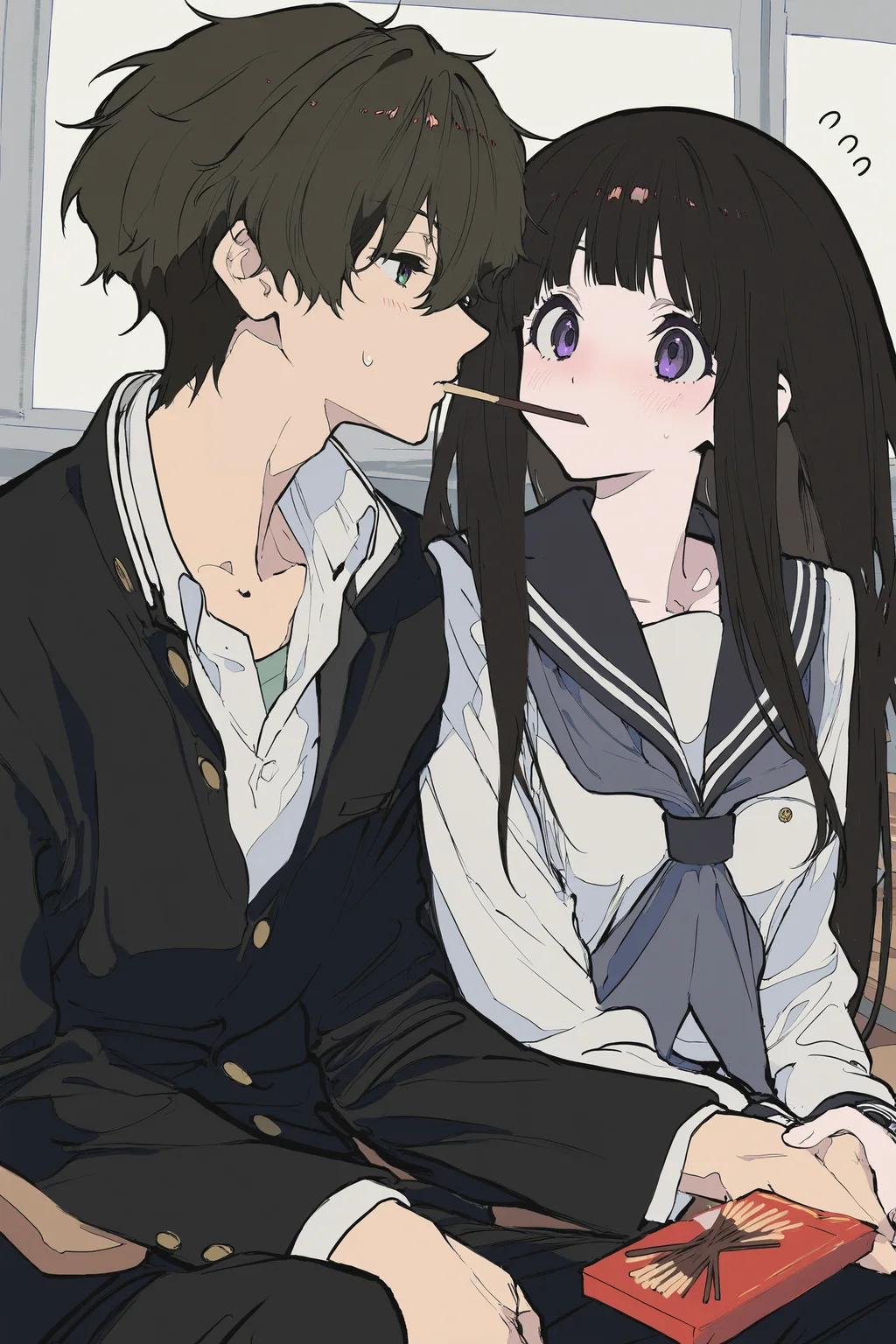 1boy,1girl,chitanda eru,oreki houtarou,hyouka,
(cogecha:0.7),(mochizuki kei:0.8),(rafaelaaa:0.8),(zhibuji loom:0.8),
(magotsuki:0.9),(hurray:0.99),black hair,black jacket,blush,collarbone,embarrassed,eye contact,facing another,flying sweatdrops,food,(food in mouth:1.21),gakuran,hetero,jacket,looking at another,own hands together,(pocky:1.2),pocky in mouth,(pocky kiss:1.2),purple eyes,school uniform,serafuku,shirt,sitting,sweatdrop,white shirt,classroom,flower,amazing quality,brown hair,green eyes,kamiyama high school uniform \(hyouka\),long hair,chair,indoor,
A young couple in a romantic embrace. the girl is on the left side of the image,with her head resting on the boy's shoulder. she has dark hair and purple eyes,and is wearing a white school uniform with a blue collar. the boy has short black hair and green eyes. they are standing in front of a window with pink flowers hanging from it. the girl is holding a red book in her hand and is looking at the boy with a sad expression on her face. she is also holding a cigarette in her mouth,as if she is about to kiss him.,
newest,masterpiece,best quality,very aesthetic,absurdres,