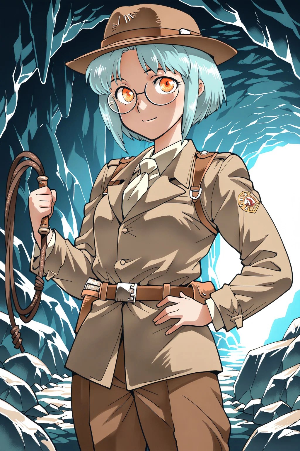 (masterpiece, best quality:1.2), amazing quality, very aesthetic, absurdres, perfect detail,
cave, stone, cowboy shot,
standing, holding whip, hand on hip, light smile, looking at viewer,
1girl, tavia, blue hair, bangs, short hair, glasses, orange eyes, round eyewear, brown hat, indiana jones,
<lora:XL_Ill_game-Gunbird2-tavia-t3:1.4>