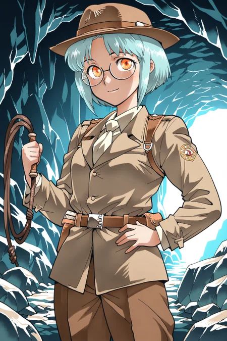 (masterpiece, best quality:1.2), amazing quality, very aesthetic, absurdres, perfect detail,
cave, stone, cowboy shot,
standing, holding whip, hand on hip, light smile, looking at viewer,
1girl, tavia, blue hair, bangs, short hair, glasses, orange eyes, round eyewear, brown hat, indiana jones,
<lora:XL_Ill_game-Gunbird2-tavia-t3:1.4>