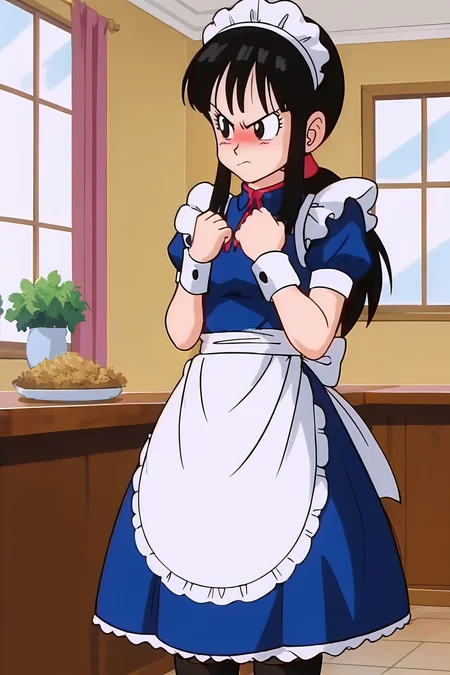 source_anime, score_9, score_8_up, score_7_up, anime screencap,8k, absurdres,
chi-chi, long hair, bangs, black hair, ponytail, sidelocks, blunt bangs, black eyes, maid headdress, maid, black thighhighs, embarrassed, angry, frustrated, mansion, indoors,
<lora:chichidb_pony_v2:0.8>