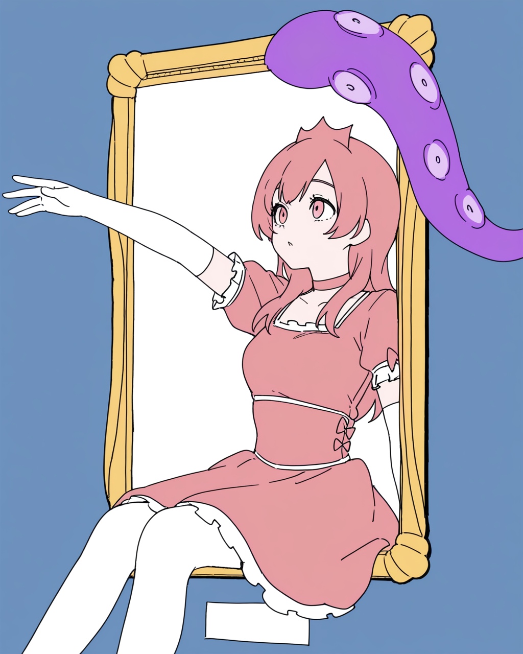 1girl, 1000-nen ikiteru \(vocaloid\), pink crown, pink hair, long hair, pink eyes, pink dress, pink choker, white elbow gloves, picture frame, purple tentacles, outstretched arm, through painting, sitting, simple background, blue background, (flat color:1.2), 2d, masterpiece, best quality, very aesthetic, absurdres