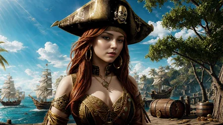 (young redhead pirate woman), (portrait), sharp focus, (ultradetailed), (standing), (happy) smile, pirate (ship galleon:1.2, hoop earrings, gold medallion, Hunter Greenpirate clothes, pirate hat, hips, (pirate parrot:1.2), pirate (village), leafy beach coast, (treasure chest with coins, gems and jewels:1.2), rum barrel, best quality masterpiece, bright sunny sky, backlight, natural lights, high contrast, hdr, shadows, pretty, beautiful, feminine, sexy, adorable, lovely, in love, (PirateDiffusionprt:0.5), <lora:Pirate:0.3> PrateT <lora:PirateRealms:0.3> <lora:Detail Tweaker LoRA add_detail:0.8> <lora:depth_of_field_slider_v1:5> <lora:SDXLrender_v2.0:0.9>