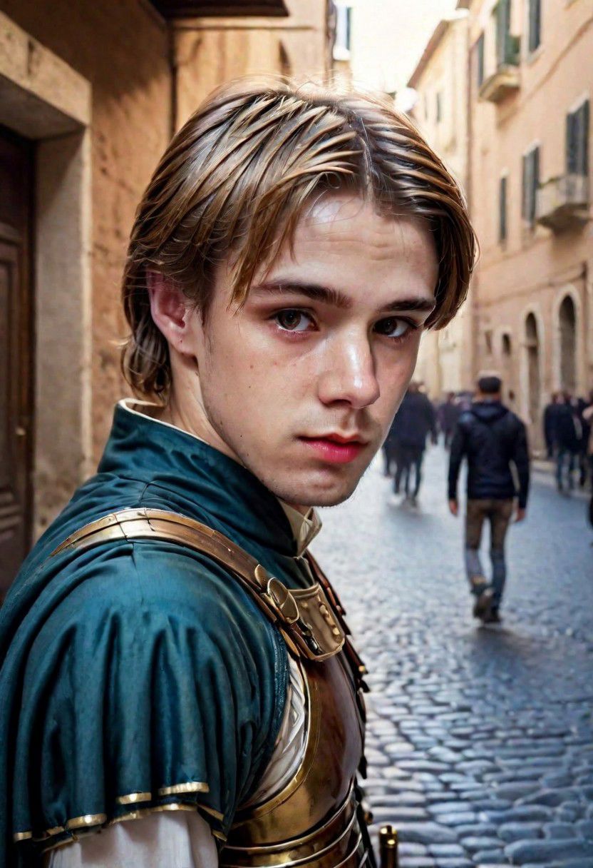 Portrait Photo a portrait, natural and hyperdetailed photography, a  man armor Star Wars in old of Rome, 
in street in city, realistic dark blonde hair, very detailed Clothes, (precise image:1.4) , pale skin,(many details in background)(cinematic ambient:1.4) (perfil)