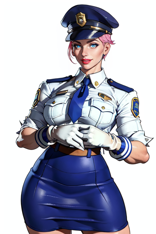 masterpiece,best quality,extreme detail,8k,<lora:Manon:0.8>,manon2,1girl,solo,breasts,looking at viewer,smile,short hair,blue eyes,skirt,shirt,gloves,hat,standing,pink hair,pantyhose,necktie,white gloves,uniform,lips,blue skirt,makeup,lipstick,pencil skirt,blue necktie,badge,police,police uniform,policewoman,police hat, white background