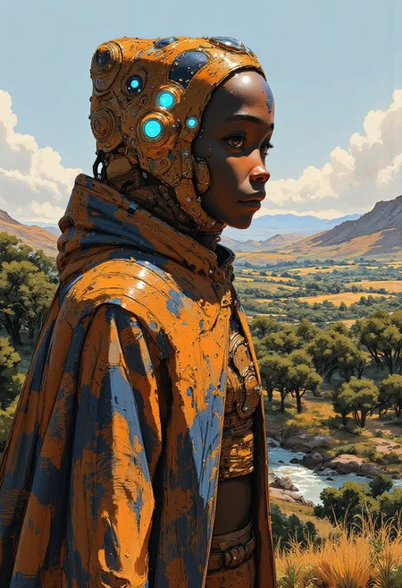 Christmas, Portrait of an African santa woman looking at the viewer, in a futuristic shwe-swhe jumpsuit and multicoloured cloak, modern city on the horizon, plants, trees on the plain, distant pyramids, African tribal elements and jewellery, baobab trees, ambient lighting. Epic, cinematic