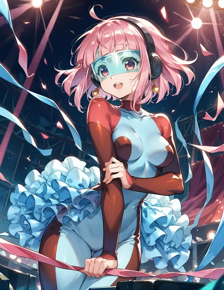 score_9,score_8_up,score_7_up,score_6_up,score_5_up,score_4_up,
1girl,<lora:cybertutu_pony:1>,pink hair,cybertutu,bodysuit,short hair,skin tight,visor,headphones,
stage,ribbon